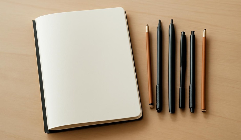 An assortment of pencils, pens, and a sketchbook on a table