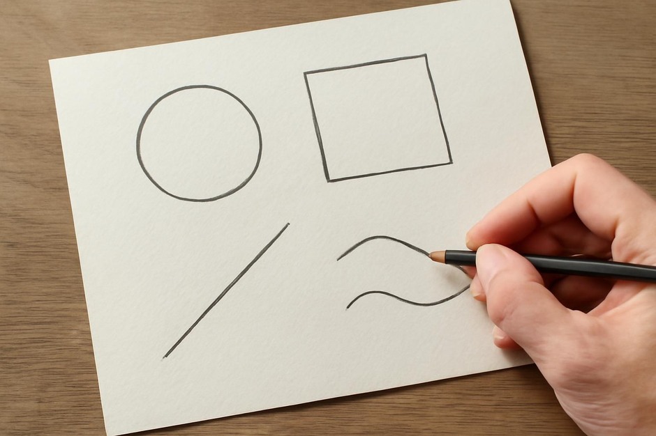 A diagram showing simple compositional shapes and lines