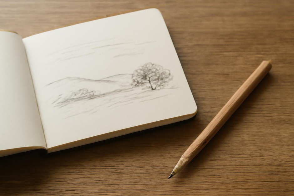 A small sketchbook and pencil on a wooden table