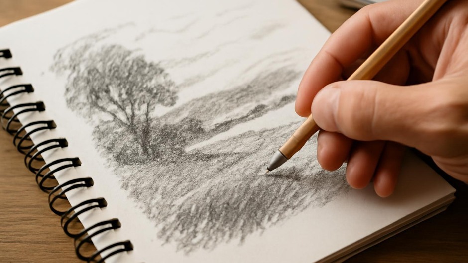 Close-up of a hand shading a quick observational drawing