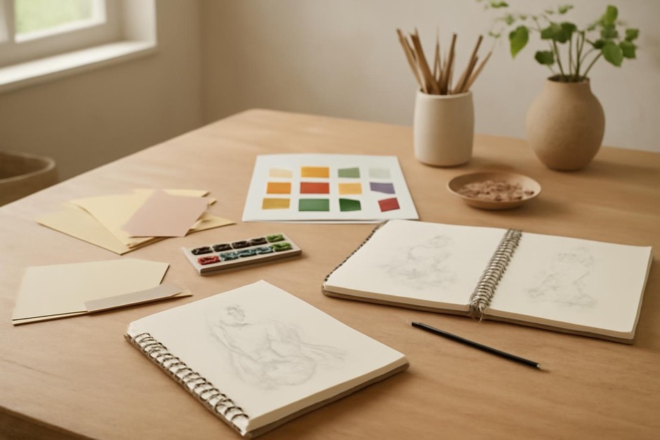 Abstract art desk with color swatches, brush marks, and sketchbook studies.