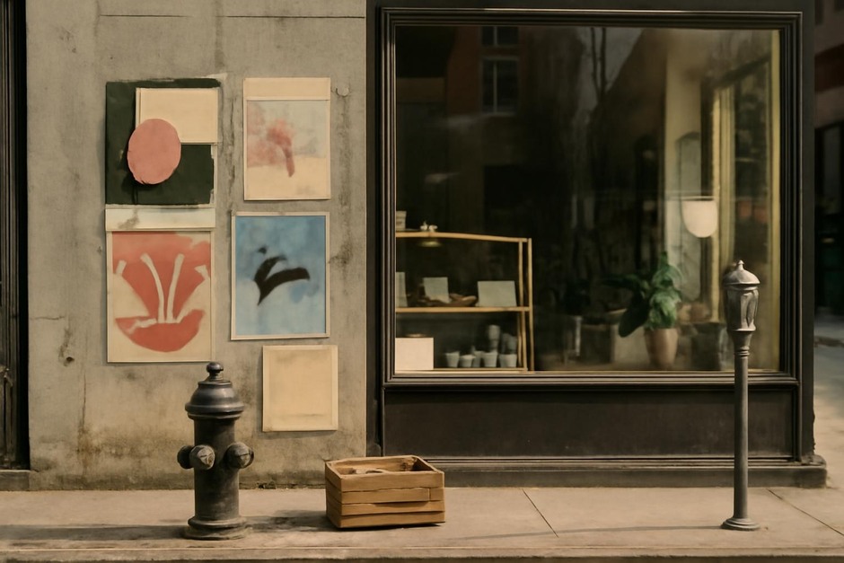 A city street scene with posters and everyday objects